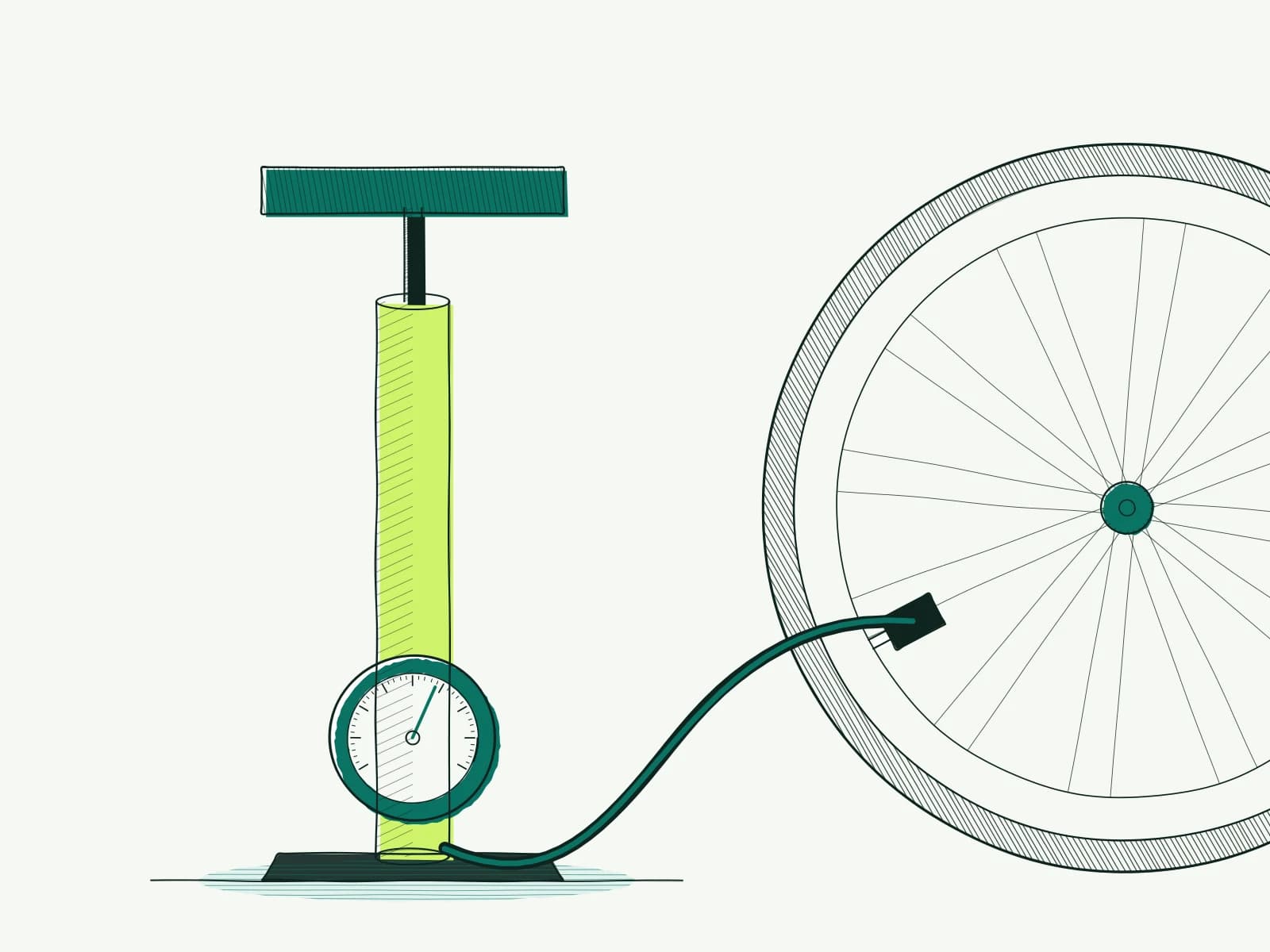 Fietsband met een drukmeter, getekend met pen