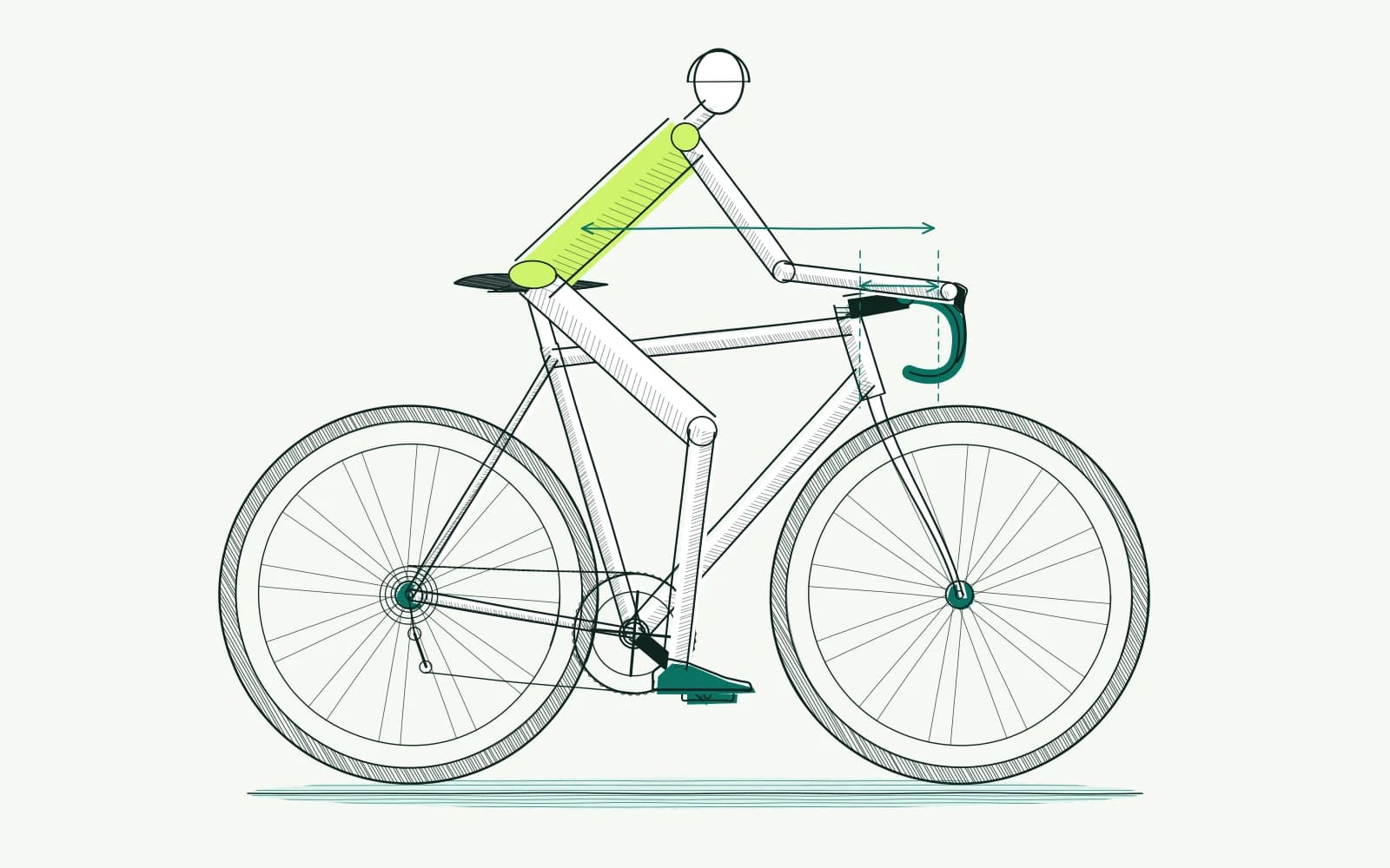 Fietser met een korte romp naast twee stuurposities, waarbij maatlijnen het verschil in afstand tot de remgrepen tonen.
