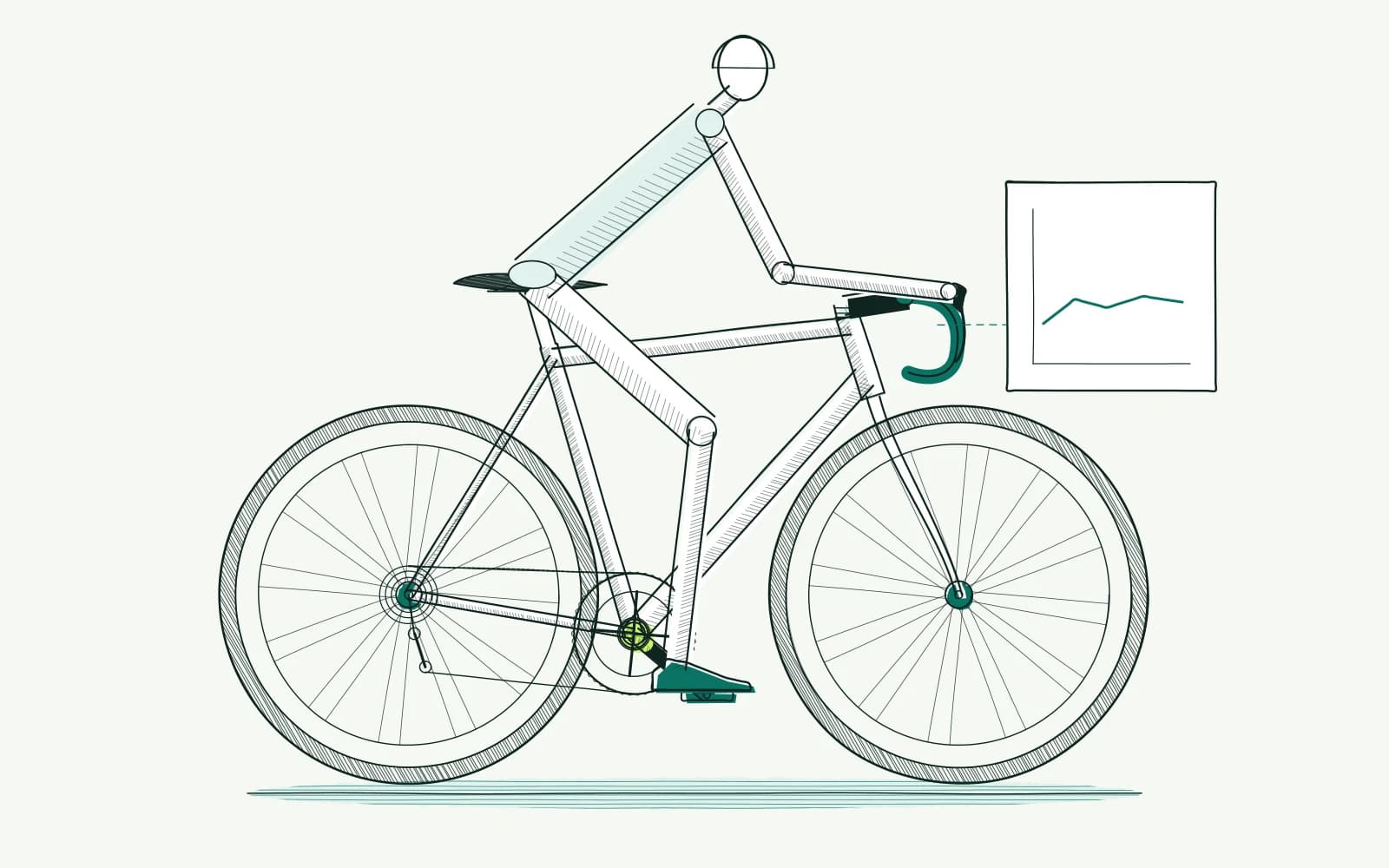 Fietser met een gemarkeerde vermogensmeter bij de trapas en een gelijkmatige inspanningscurve naast het stuur.