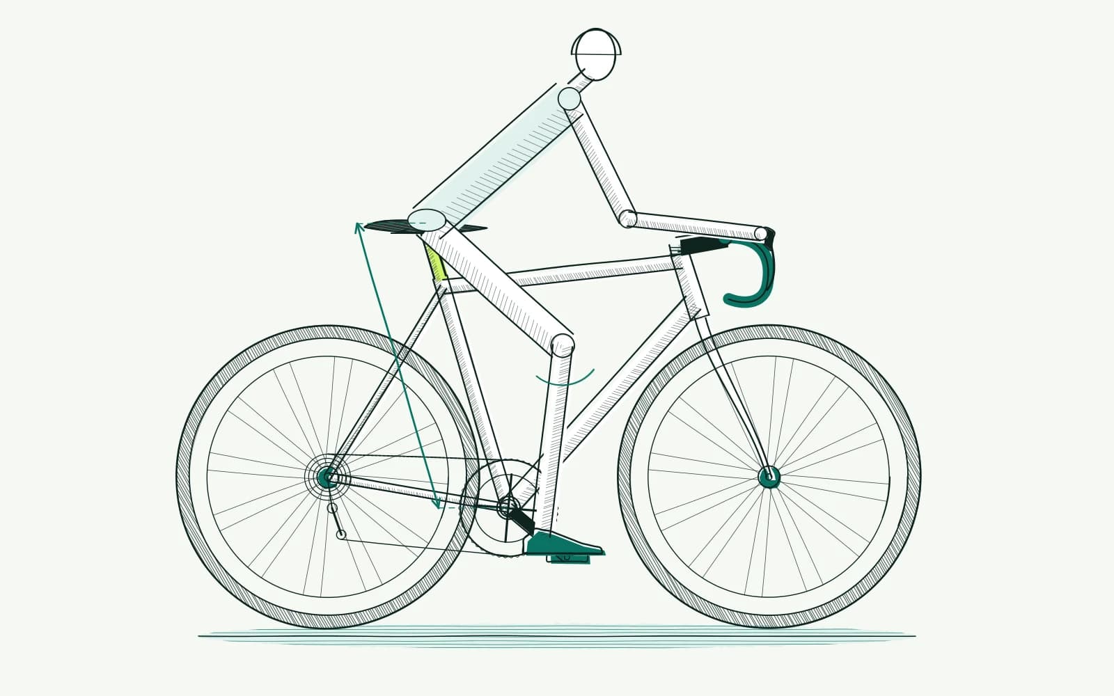 Fietser op een racefiets met een maatlijn van trapas tot zadel en de gebogen knie tijdens het trappen.