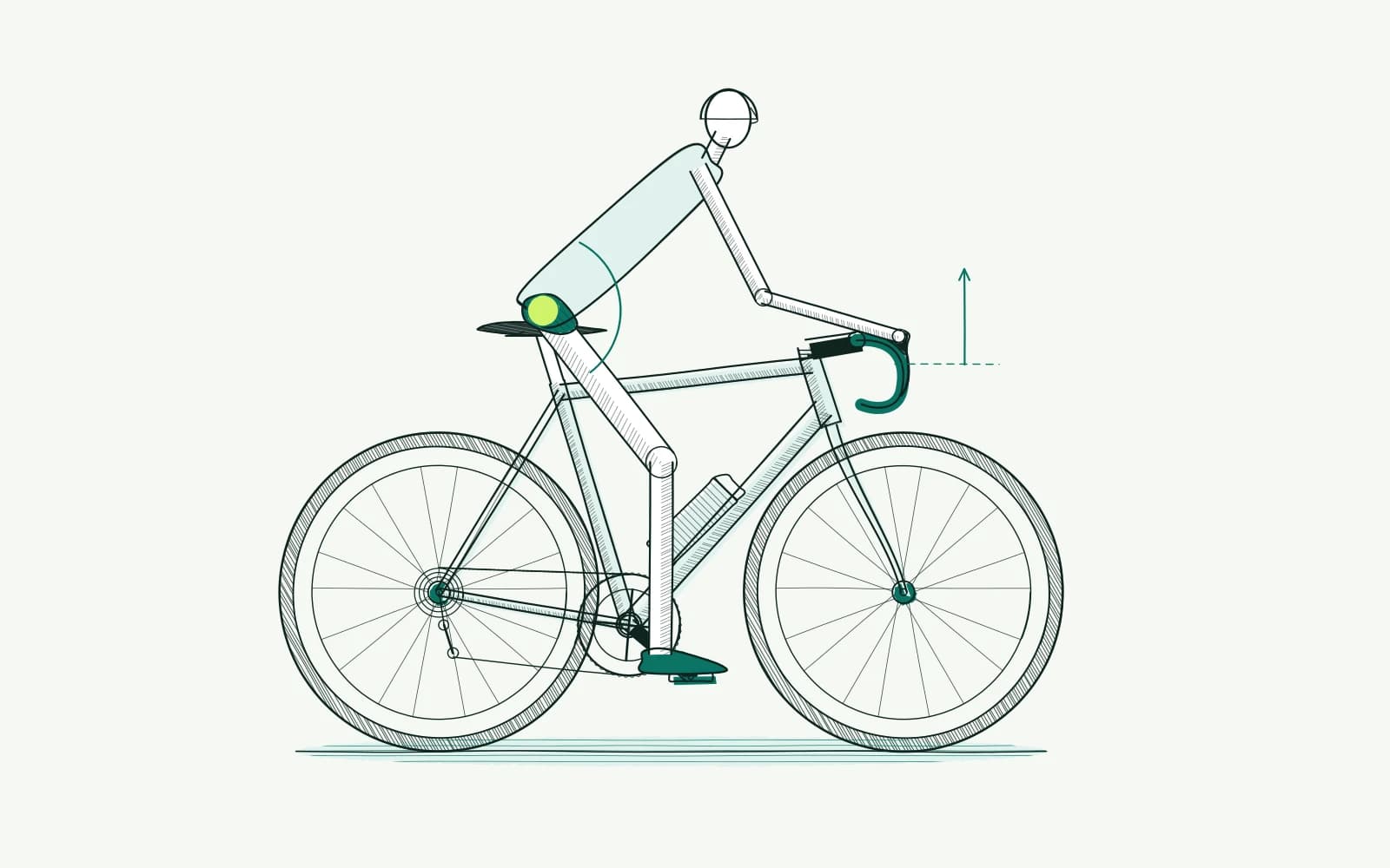 Rider with limited hip flexion beside a higher handlebar position, with an angle line at the hip showing movement space.