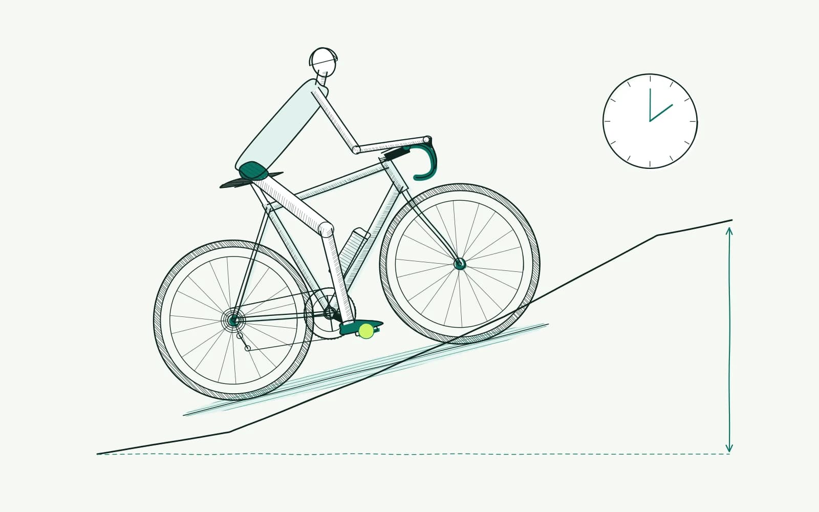 Fietser op een klimprofiel met aanduidingen voor stijging, afstand en een klok: afzonderlijke factoren voor klimtijd.