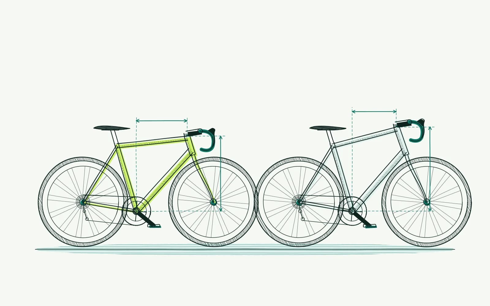 Two frames with different proportions and dimension arrows for stack and reach measured from the bottom bracket.