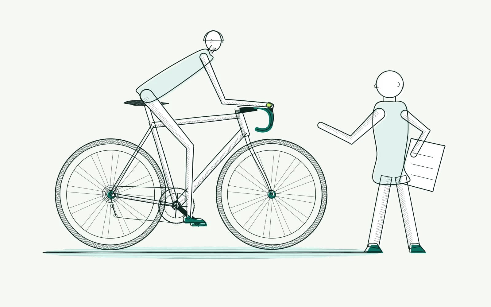 Fietser naast een fitter die de contactpunten bekijkt en aantekeningen maakt voor een begeleide beoordeling.