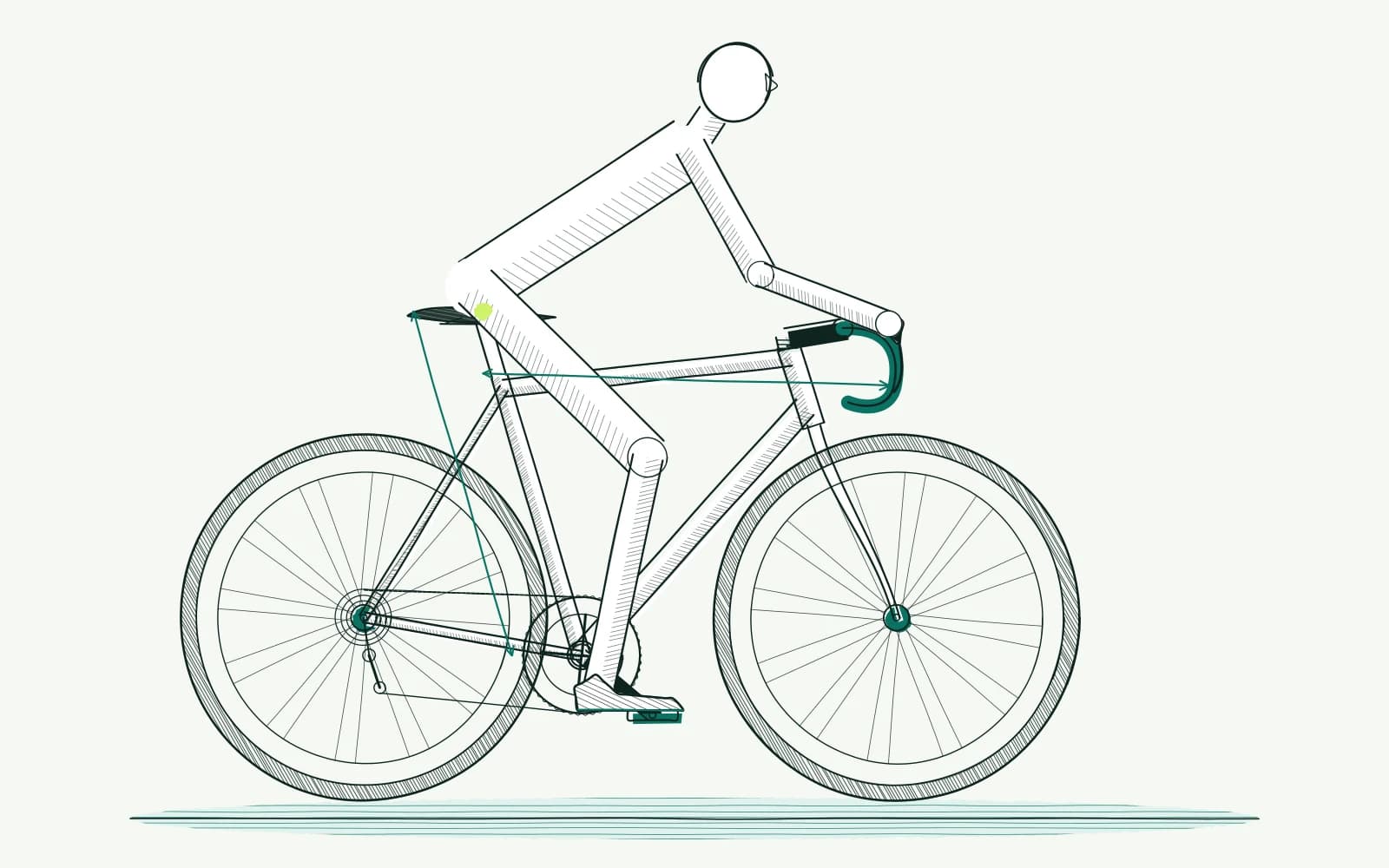 Tall cyclist with separate dimension arrows for saddle height and handlebar distance.