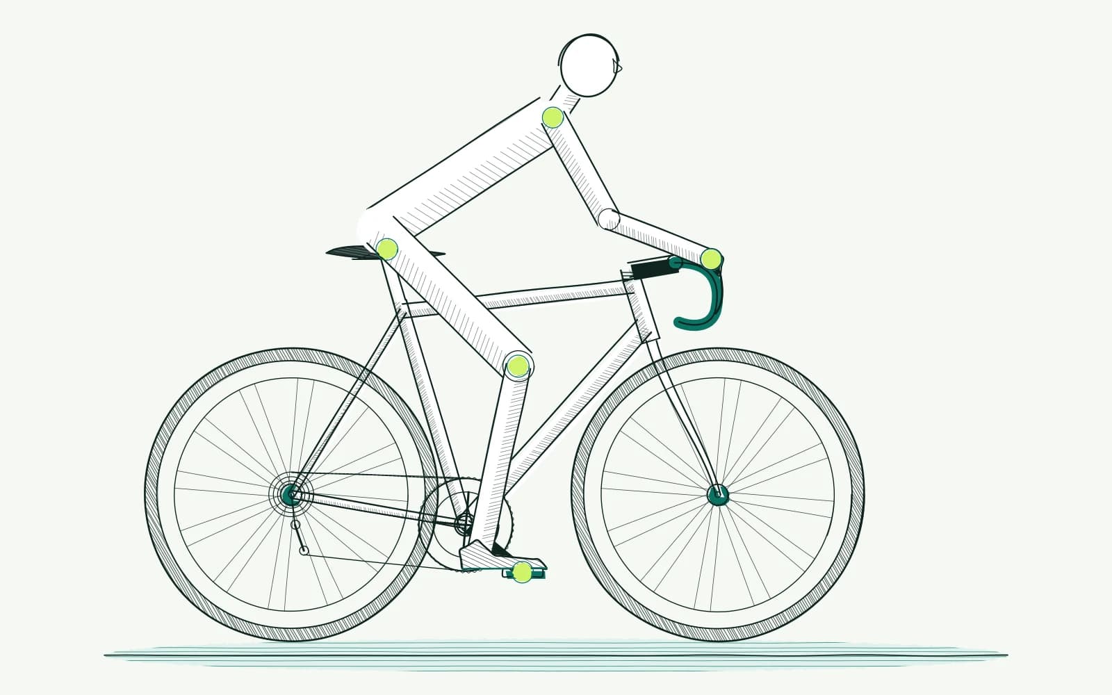 Fietser met gemarkeerde zones bij schouder, hand, zadel, knie en voet om klachten gericht te beschrijven.